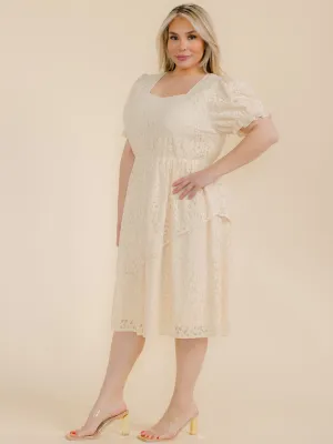 PLUS SIZE SHORT SLEEVE LACE FLORAL TIERED MIDI DRESS
