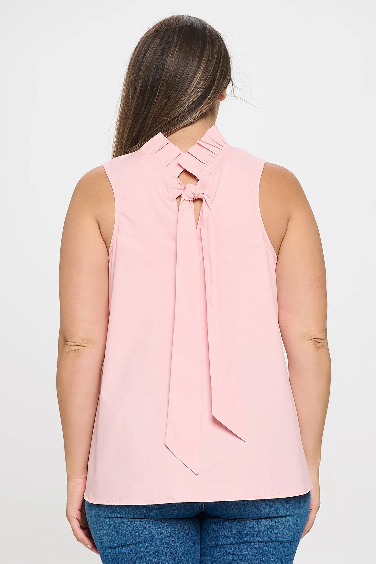 PLUS SIZE SLEEVELESS RUFFLE NECK SOLID TOP