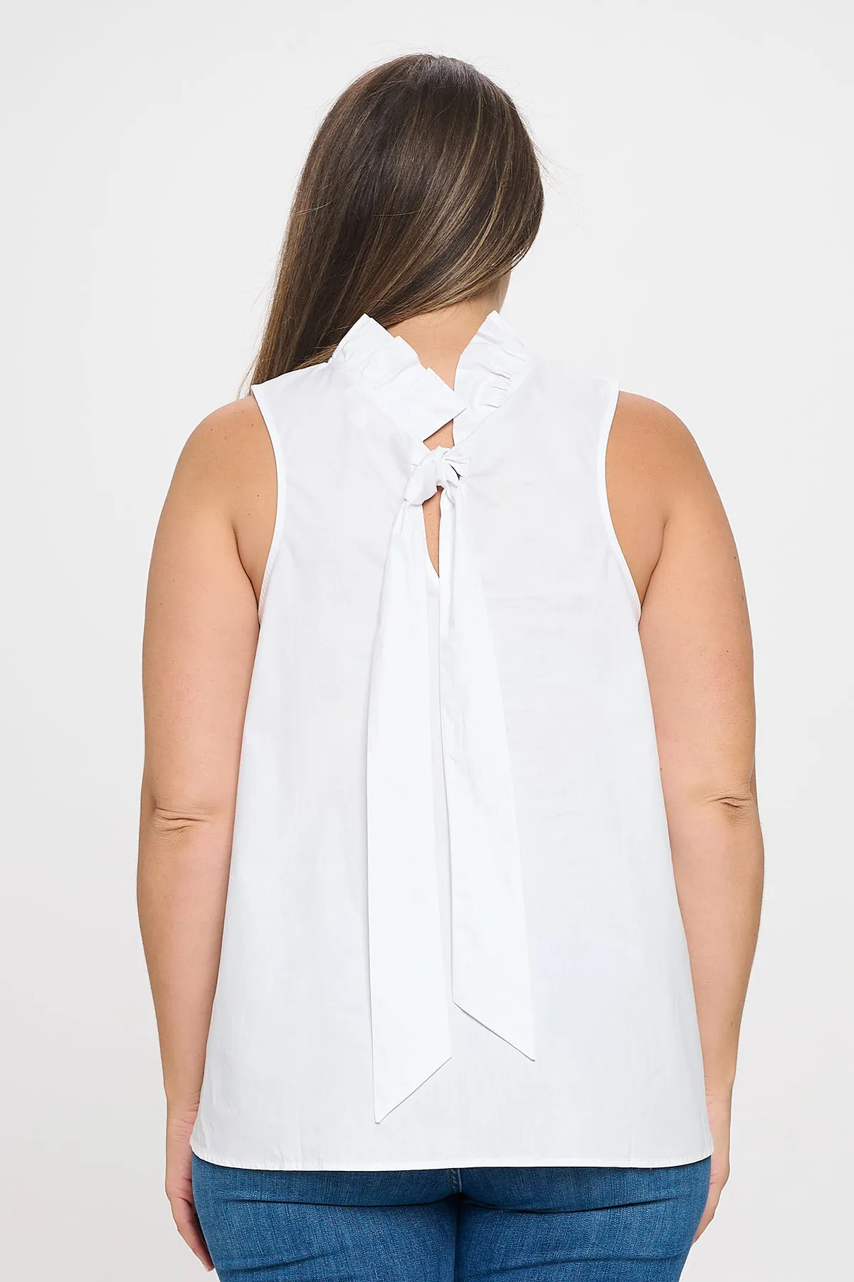 PLUS SIZE SLEEVELESS RUFFLE NECK SOLID TOP
