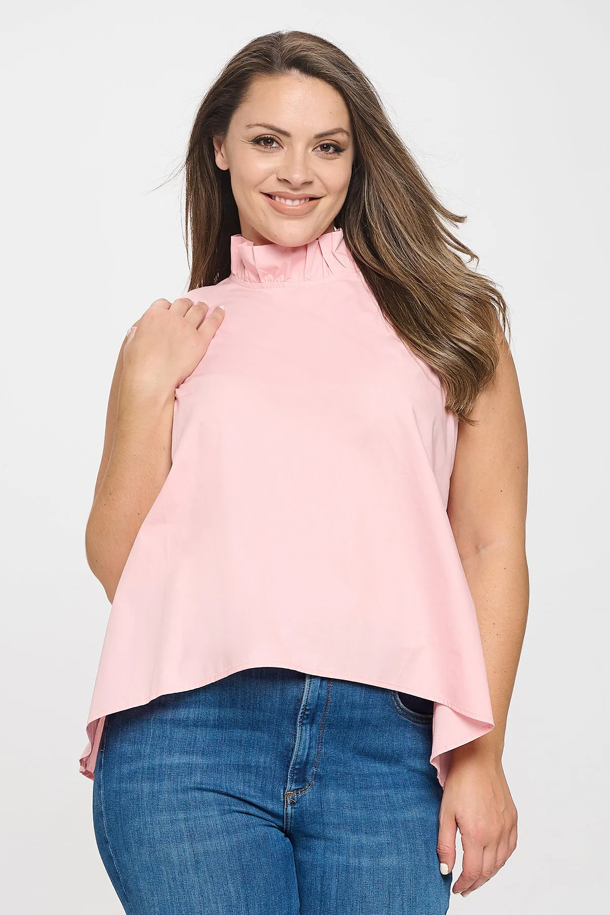 PLUS SIZE SLEEVELESS RUFFLE NECK SOLID TOP