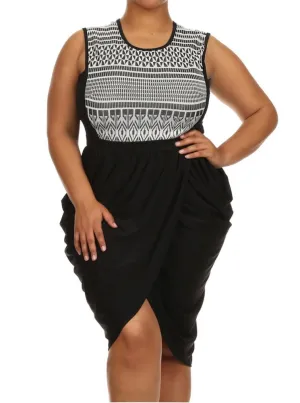Plus Size Tribal Print V Hem White Bubble Skirt Dress