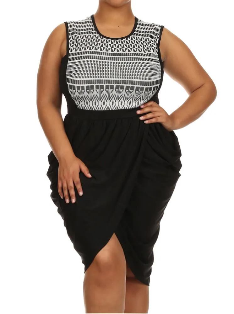 Plus Size Tribal Print V Hem White Bubble Skirt Dress