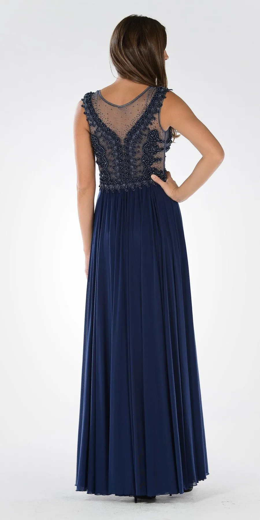 Poly USA 7516 Illusion Scoop Neck Sheer Beaded Bodice Dress