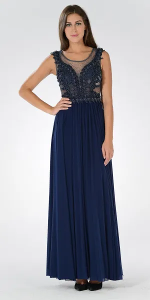 Poly USA 7516 Illusion Scoop Neck Sheer Beaded Bodice Dress