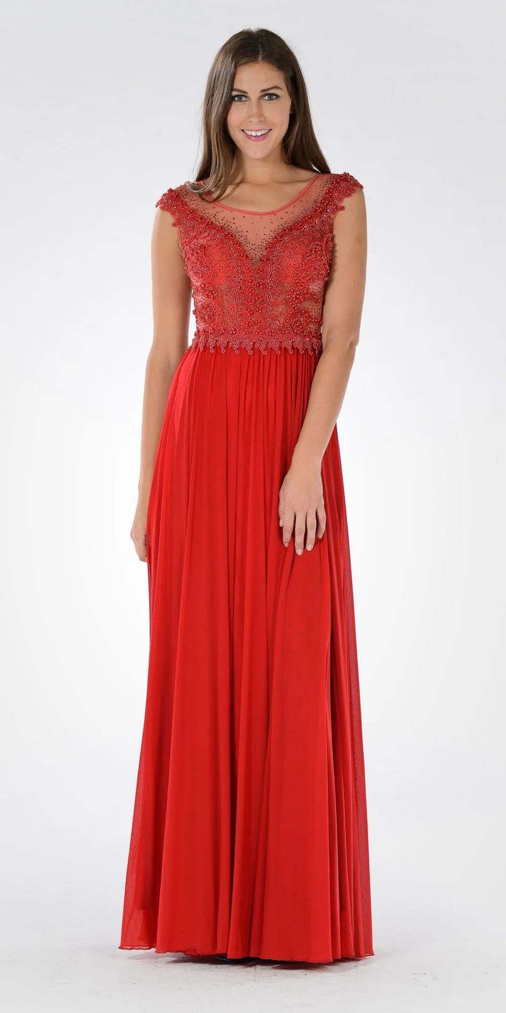 Poly USA 7516 Illusion Scoop Neck Sheer Beaded Bodice Dress