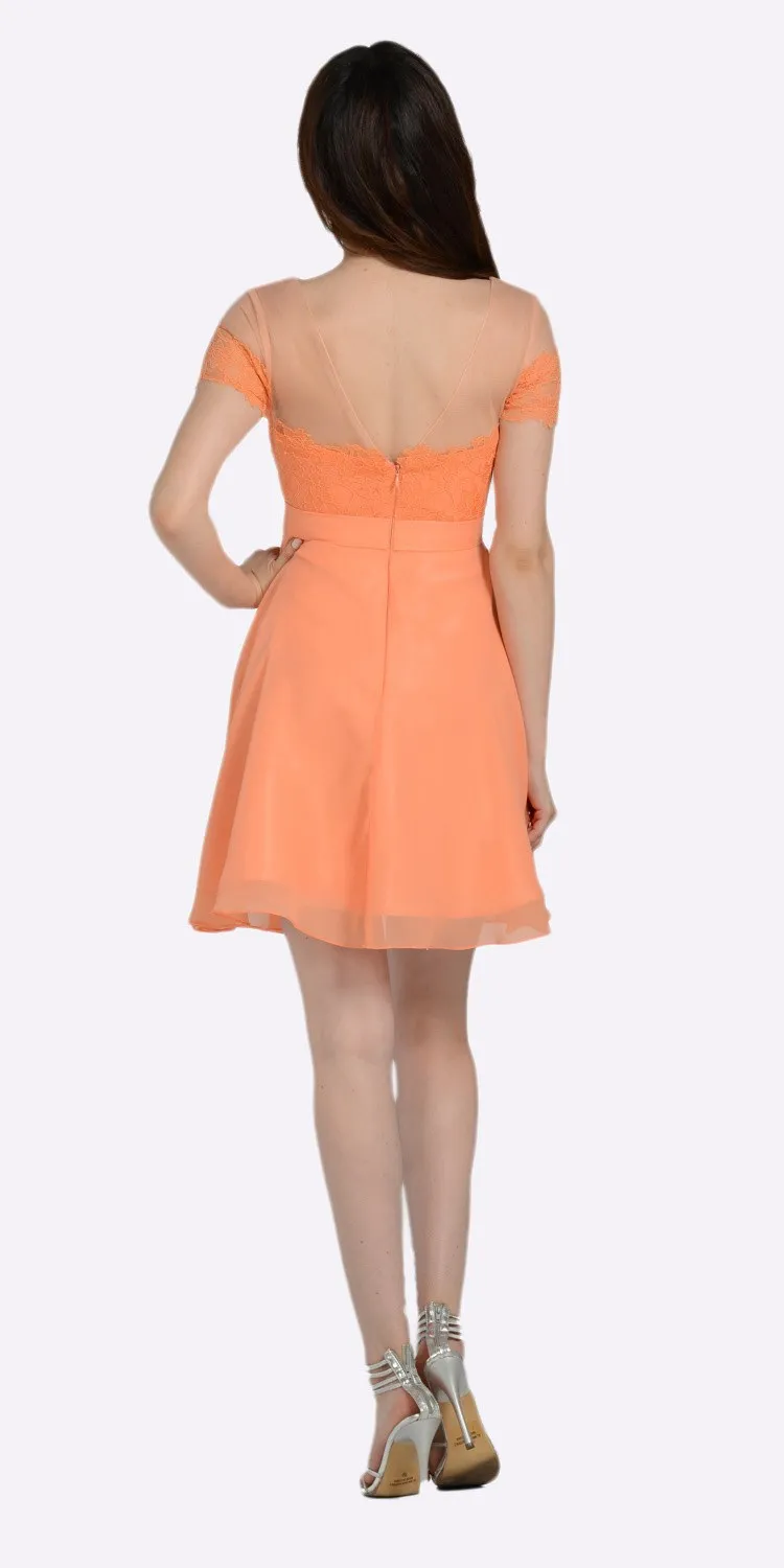 Poly USA 7518 Illusion Lace Bodice Short Sleeves Party Dress