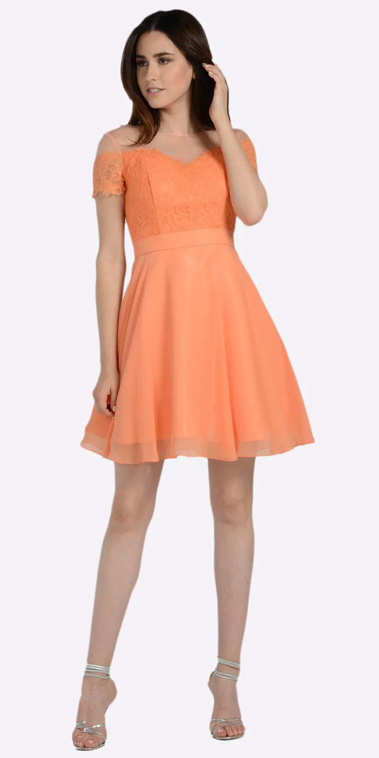 Poly USA 7518 Illusion Lace Bodice Short Sleeves Party Dress