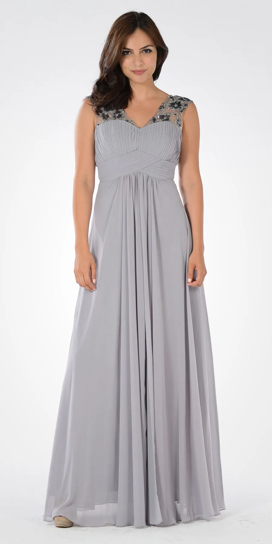 Poly USA 7874 V-Neck Embellished Pleated Bodice Empire Waist Dress