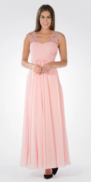 Poly USA 7874 V-Neck Embellished Pleated Bodice Empire Waist Dress