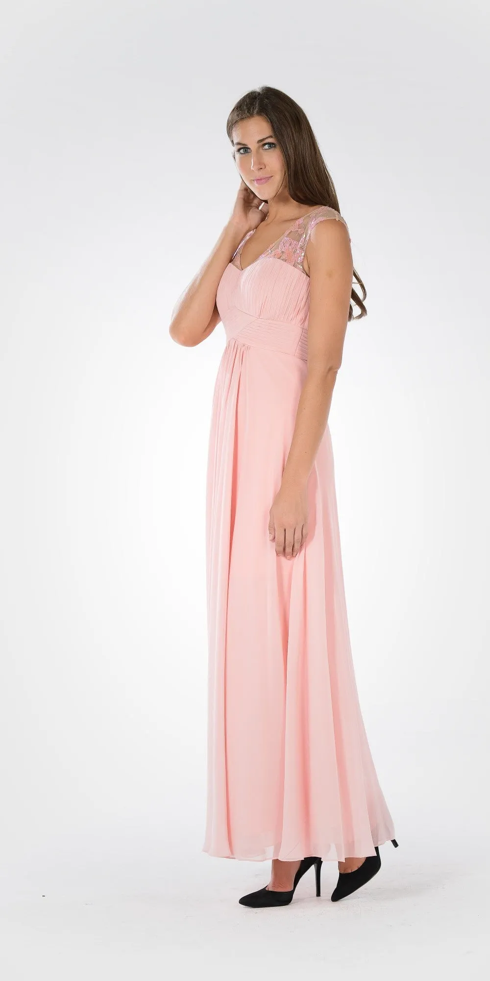Poly USA 7874 V-Neck Embellished Pleated Bodice Empire Waist Dress