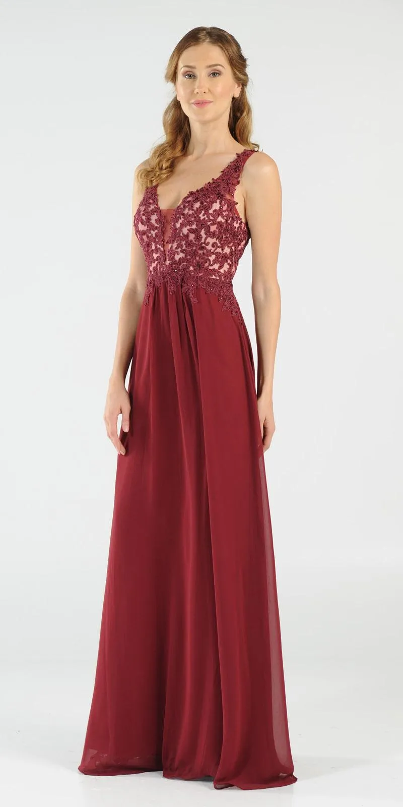 Poly USA 8012 V-Neck Long Dress Empire Appliqued Bodice