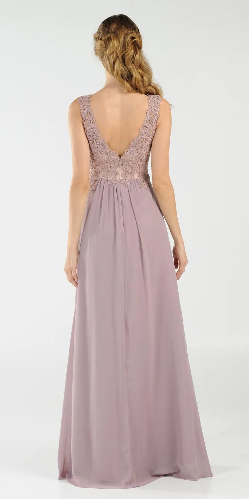 Poly USA 8012 V-Neck Long Dress Empire Appliqued Bodice