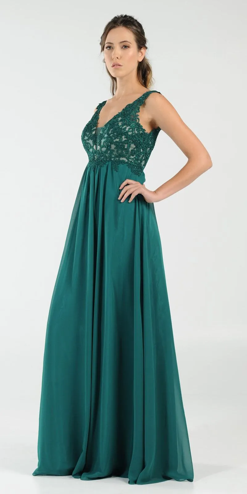 Poly USA 8012 V-Neck Long Dress Empire Appliqued Bodice