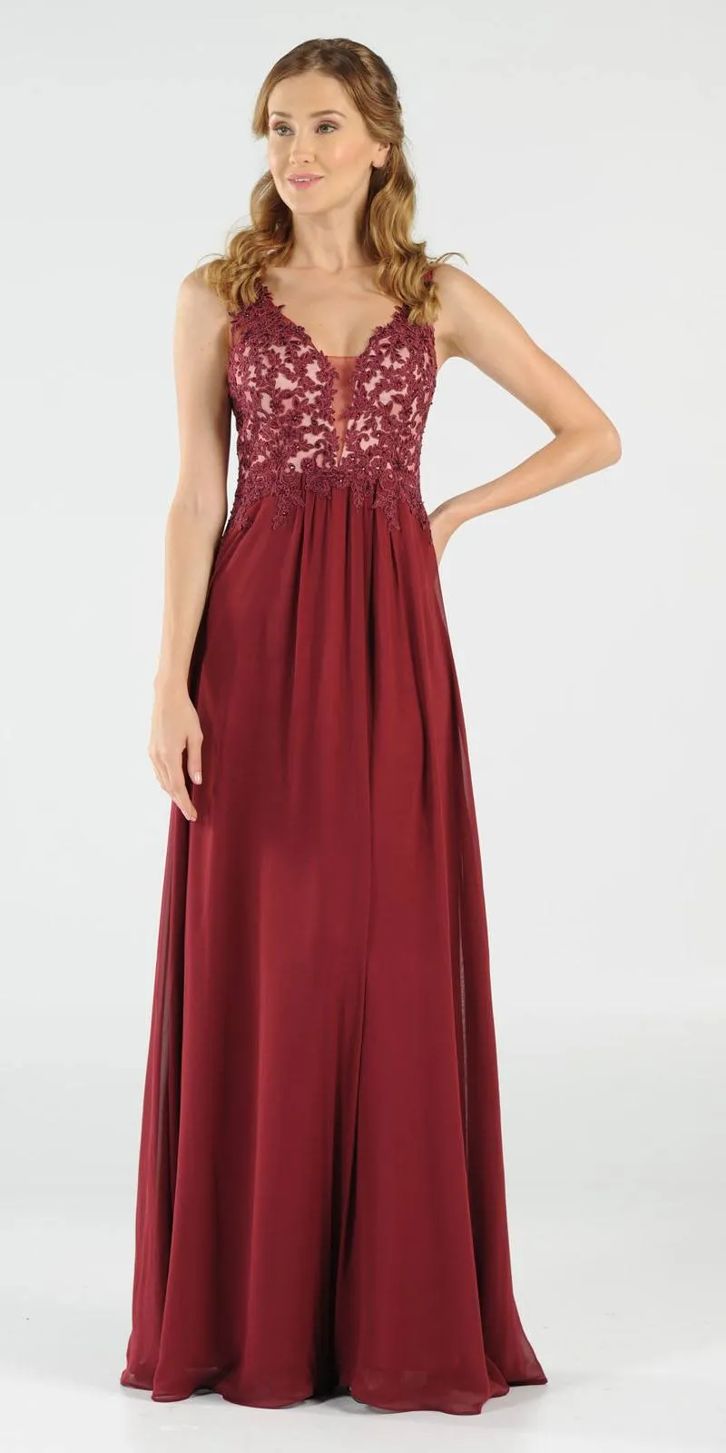 Poly USA 8012 V-Neck Long Dress Empire Appliqued Bodice