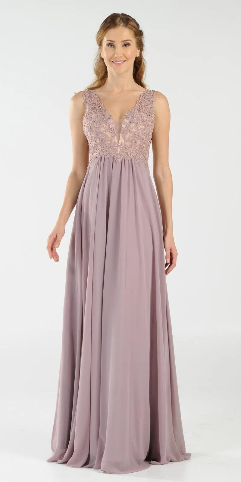 Poly USA 8012 V-Neck Long Dress Empire Appliqued Bodice