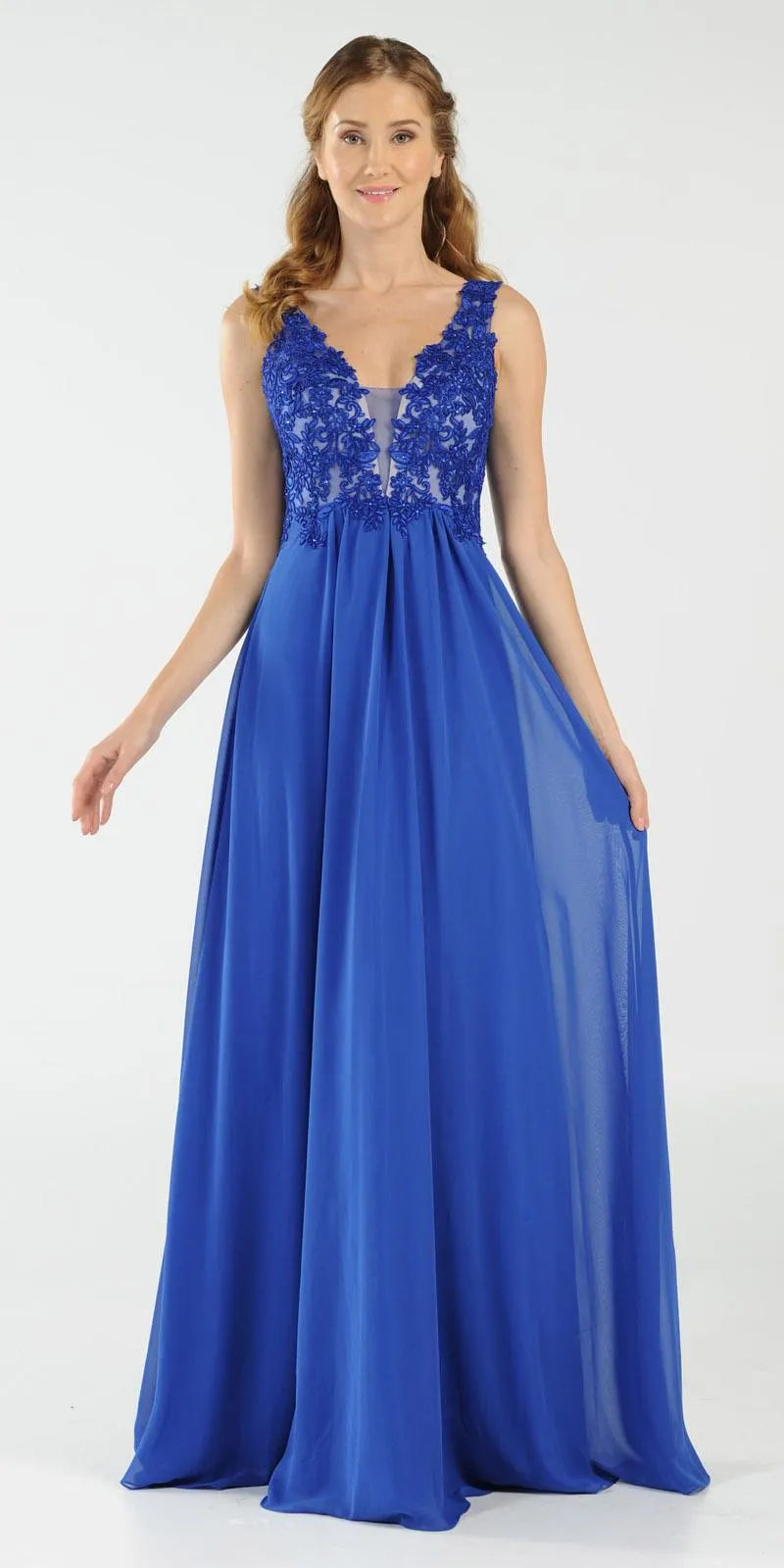 Poly USA 8012 V-Neck Long Dress Empire Appliqued Bodice