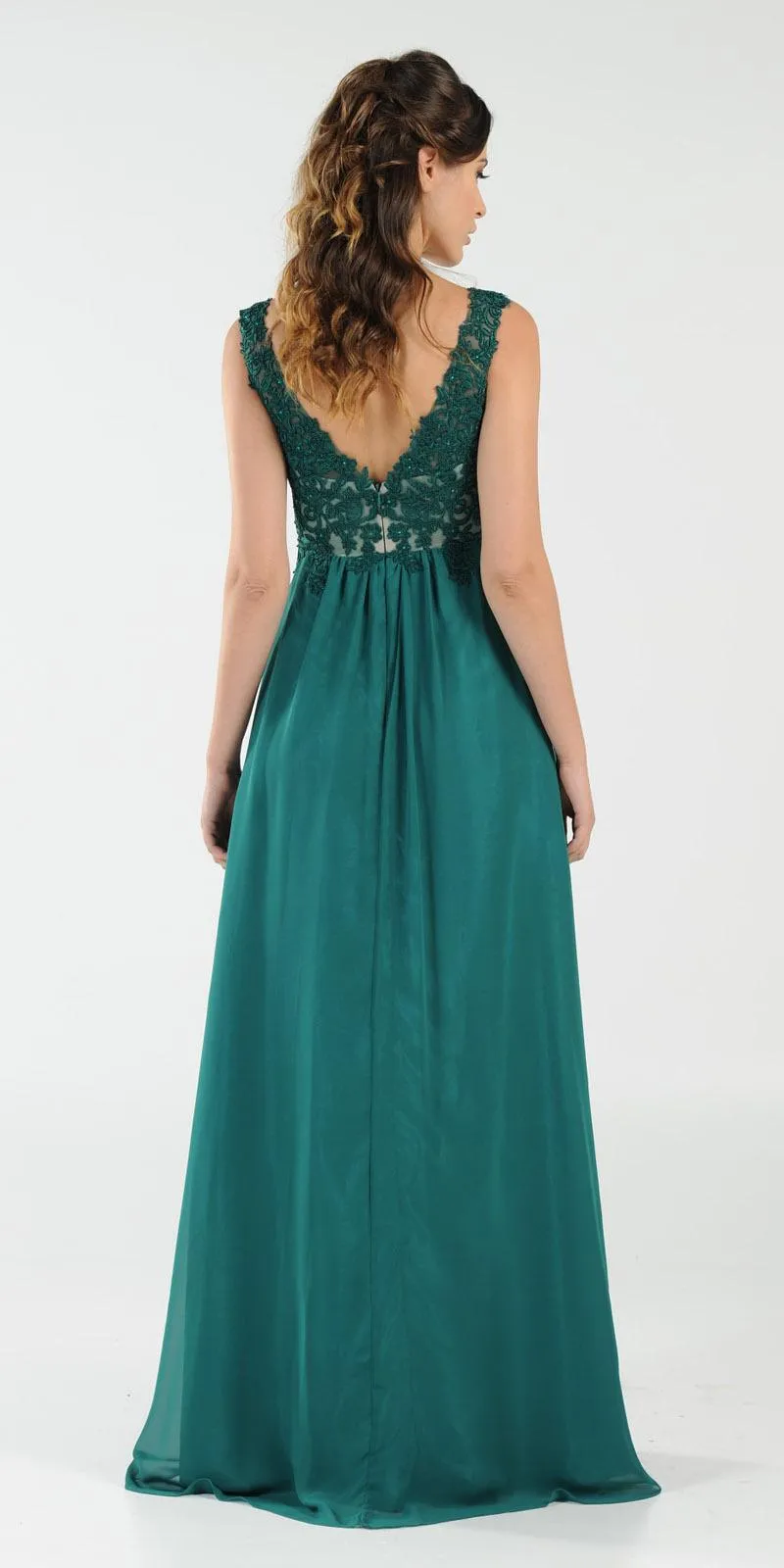 Poly USA 8012 V-Neck Long Dress Empire Appliqued Bodice