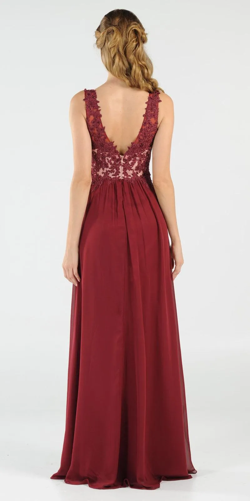 Poly USA 8012 V-Neck Long Dress Empire Appliqued Bodice