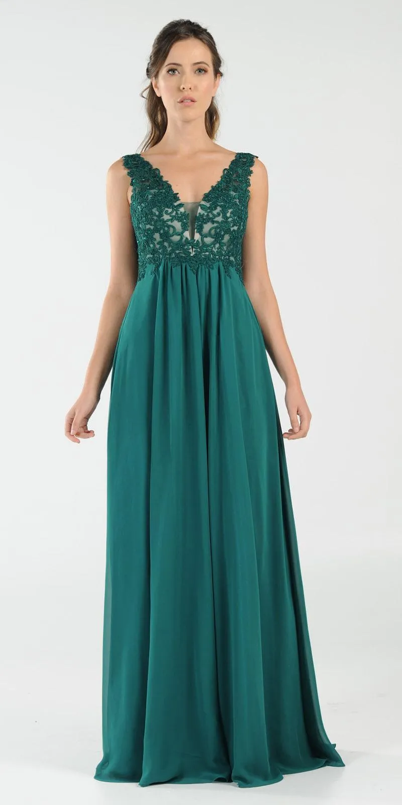 Poly USA 8012 V-Neck Long Dress Empire Appliqued Bodice