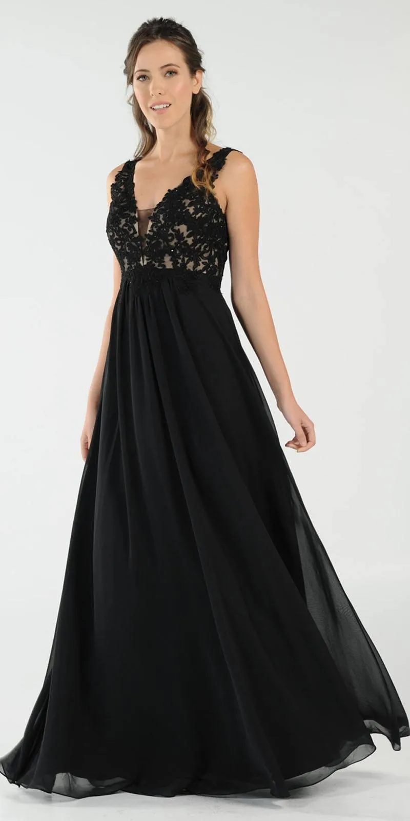 Poly USA 8012 V-Neck Long Dress Empire Appliqued Bodice