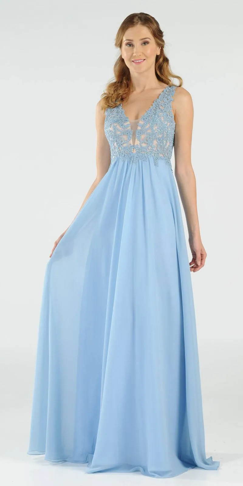 Poly USA 8012 V-Neck Long Dress Empire Appliqued Bodice