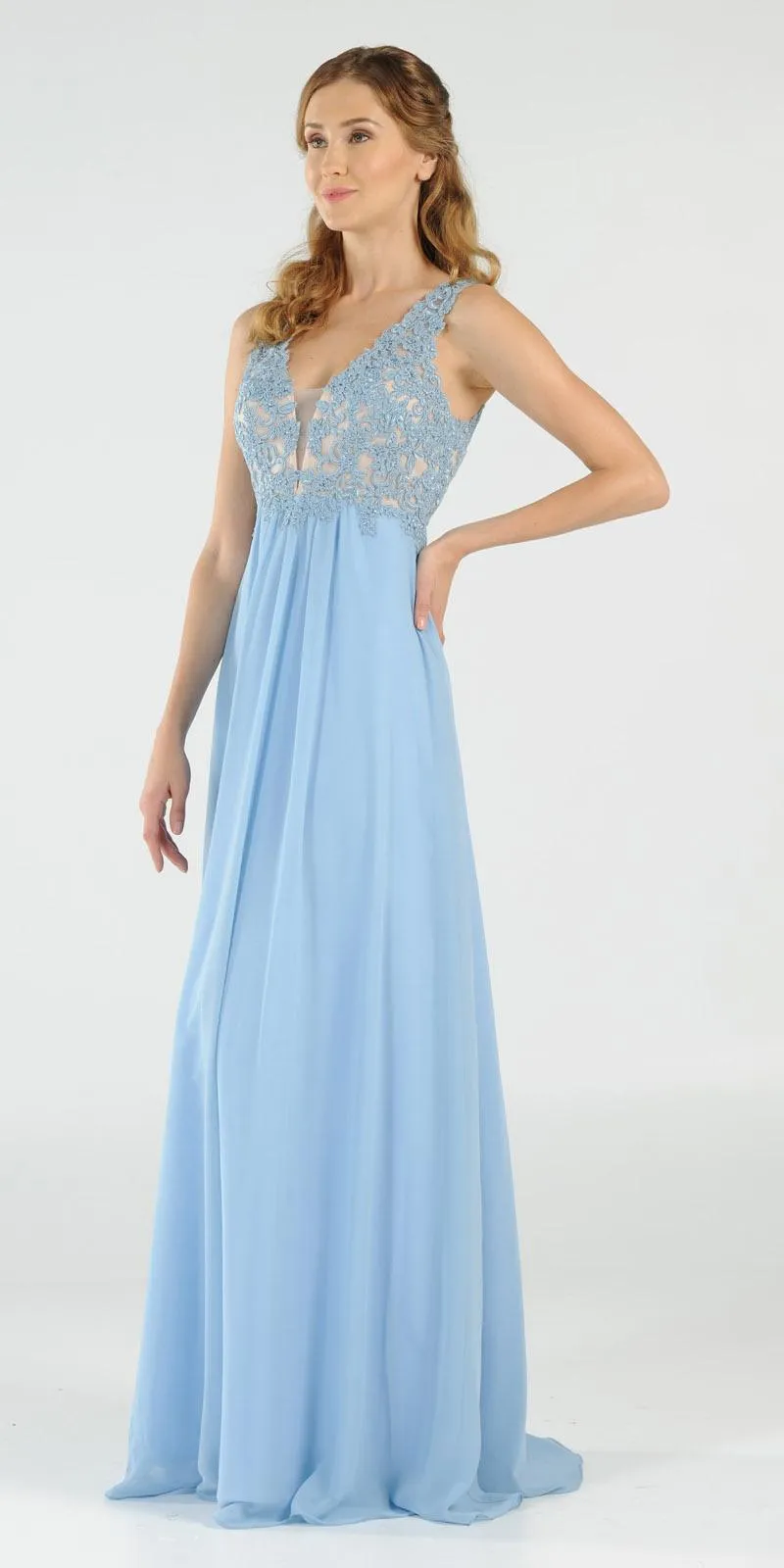 Poly USA 8012 V-Neck Long Dress Empire Appliqued Bodice