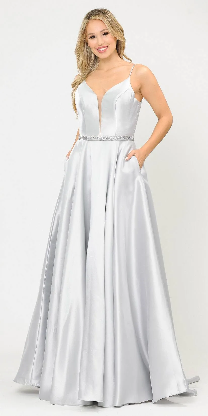 Poly USA 8672 Long Satin Dress with Spaghetti Straps