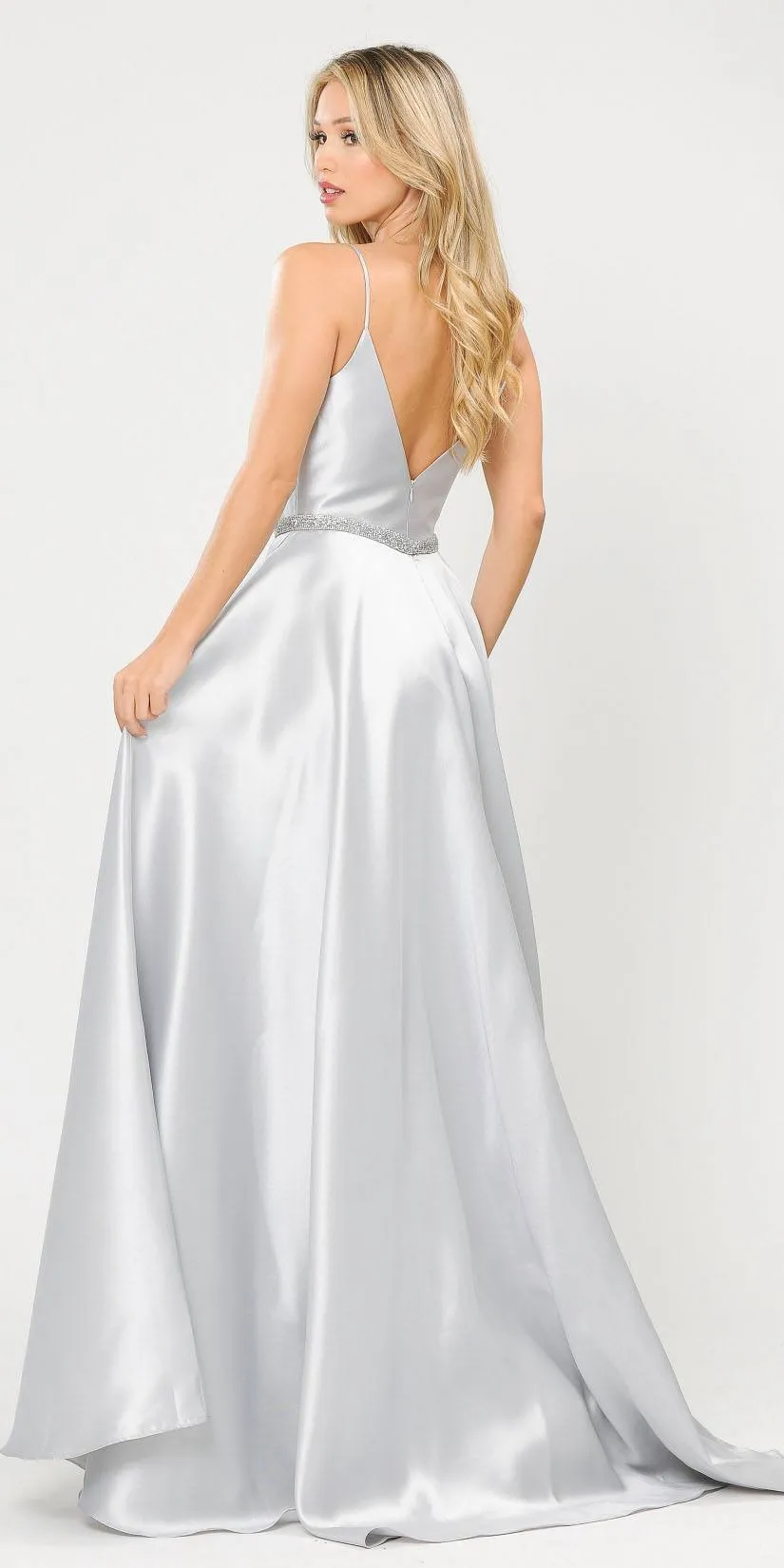 Poly USA 8672 Long Satin Dress with Spaghetti Straps