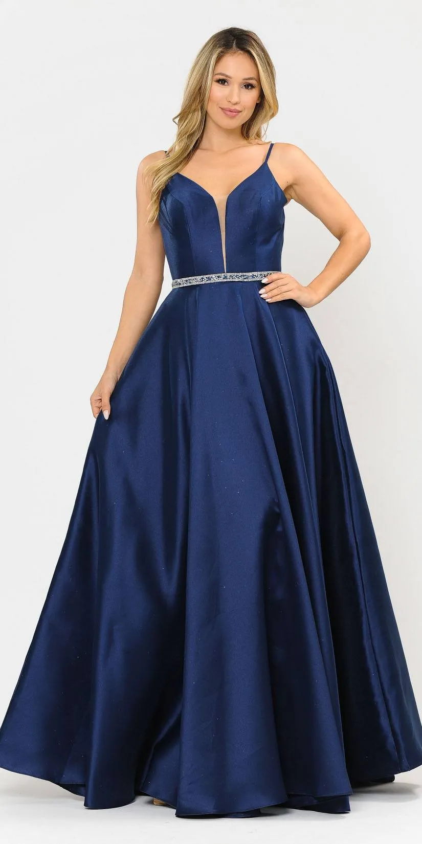 Poly USA 8672 Long Satin Dress with Spaghetti Straps
