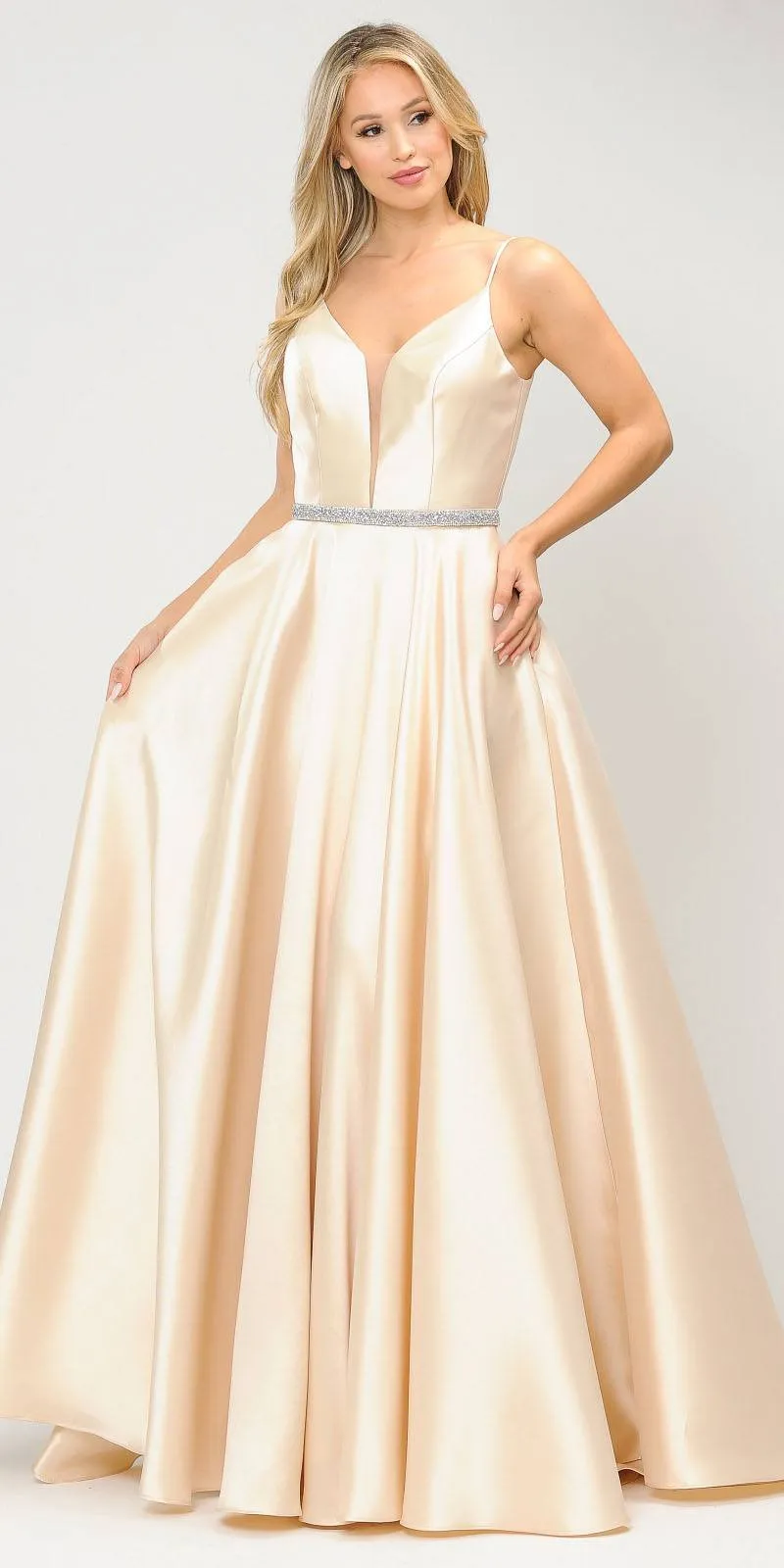 Poly USA 8672 Long Satin Dress with Spaghetti Straps
