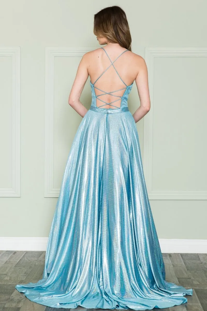 Poly USA 8766 Long Iridescent A-Line Gown with Pockets