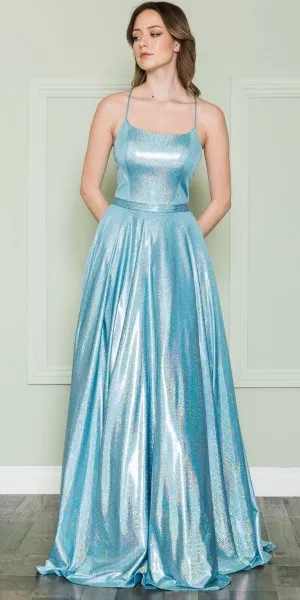 Poly USA 8766 Long Iridescent A-Line Gown with Pockets