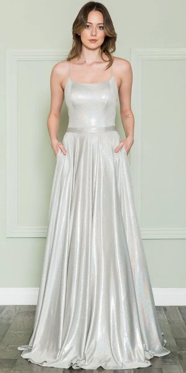 Poly USA 8766 Long Iridescent A-Line Gown with Pockets