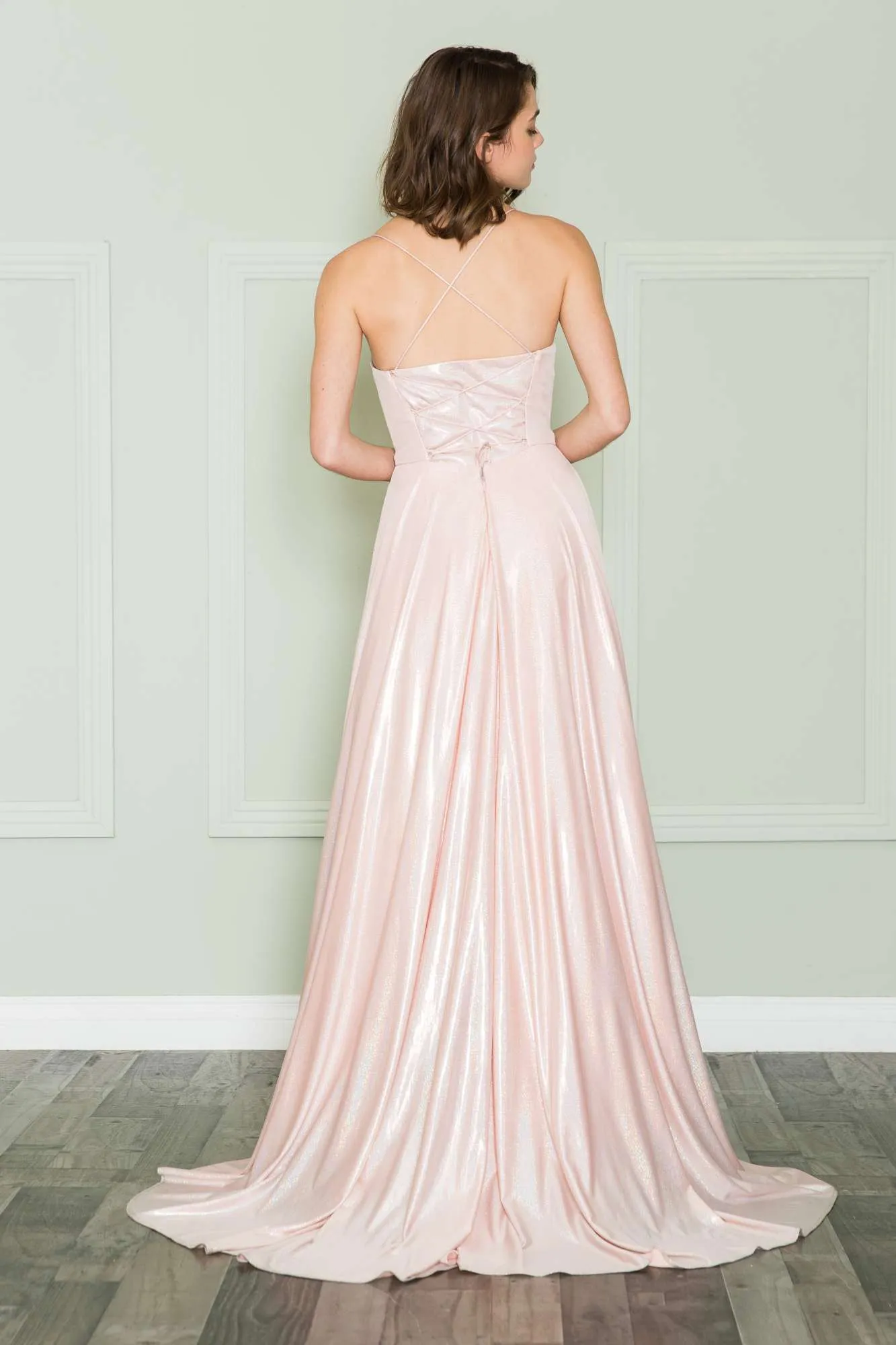 Poly USA 8766 Long Iridescent A-Line Gown with Pockets