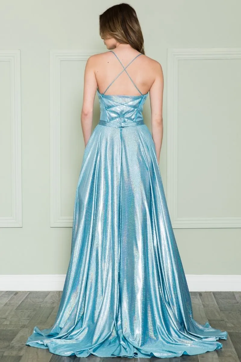 Poly USA 8766 Long Iridescent A-Line Gown with Pockets