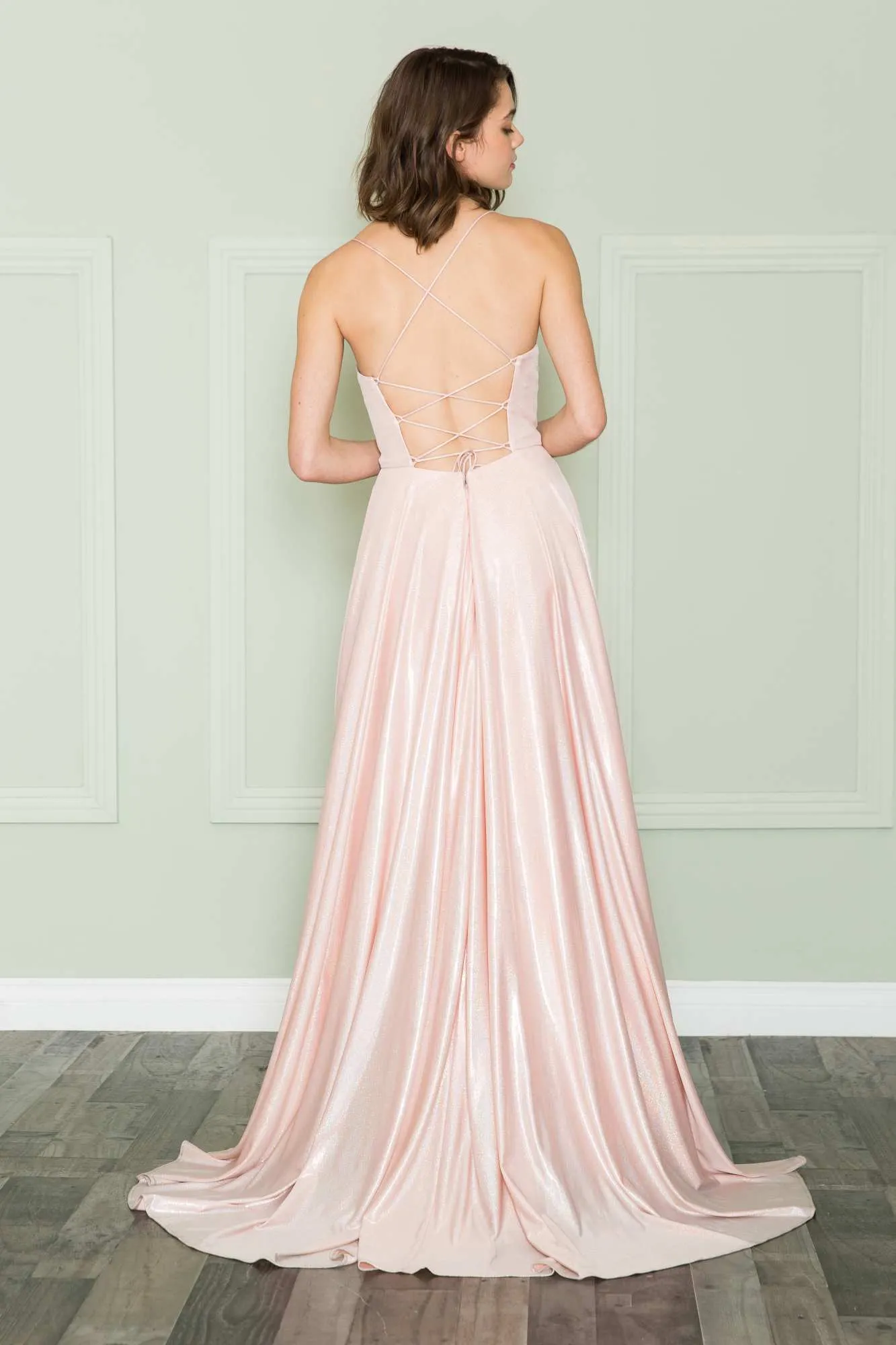 Poly USA 8766 Long Iridescent A-Line Gown with Pockets