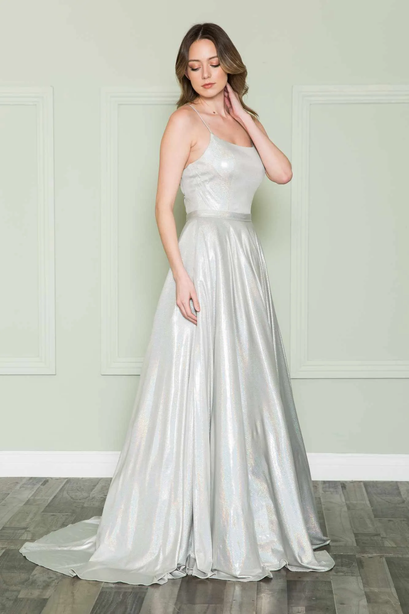 Poly USA 8766 Long Iridescent A-Line Gown with Pockets