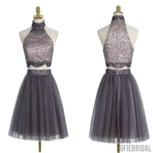 Popular grey halter two pieces beaded vintage unique style homecoming prom gowns dress,BD0062
