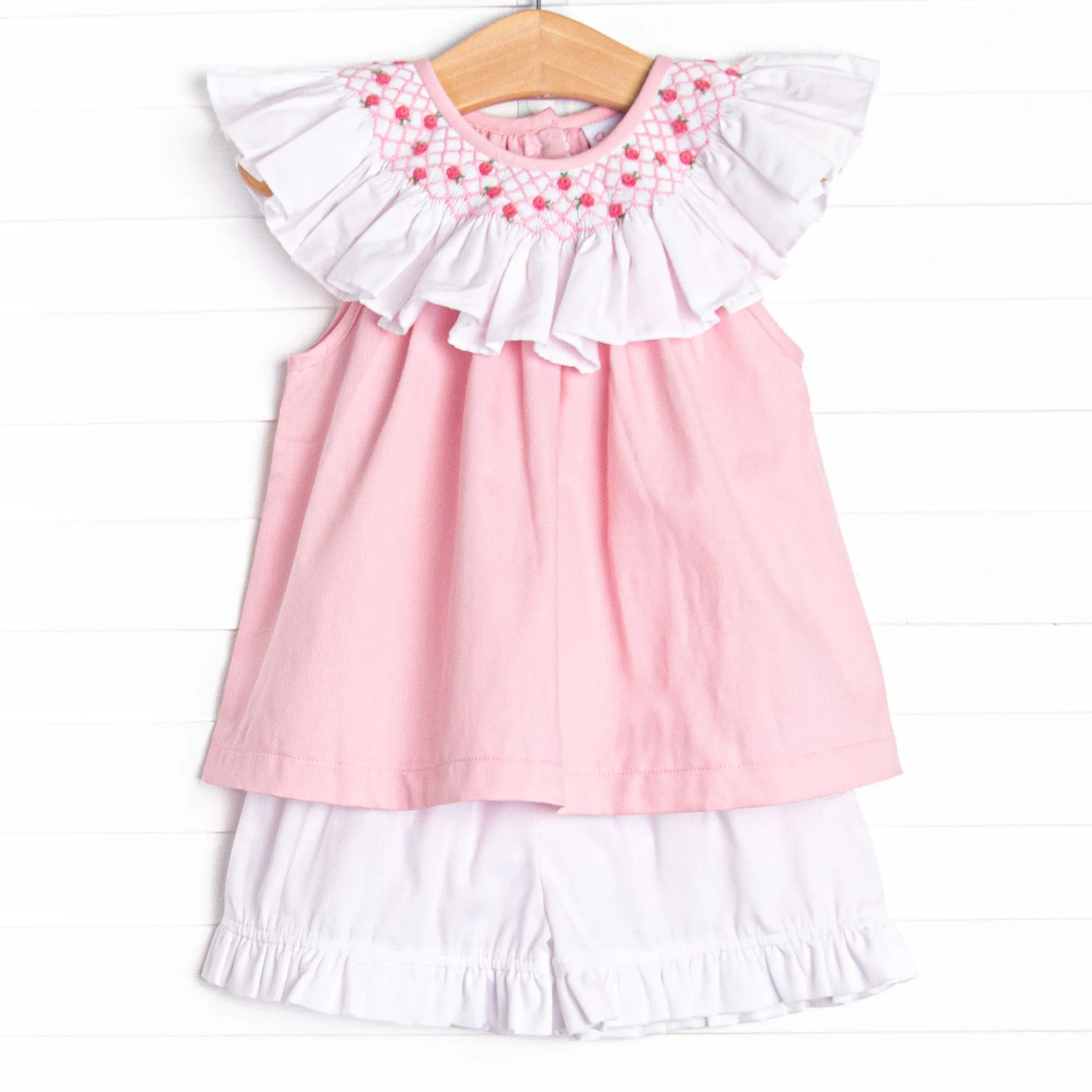 Porcelain Petals Smocked Short Set, Pink
