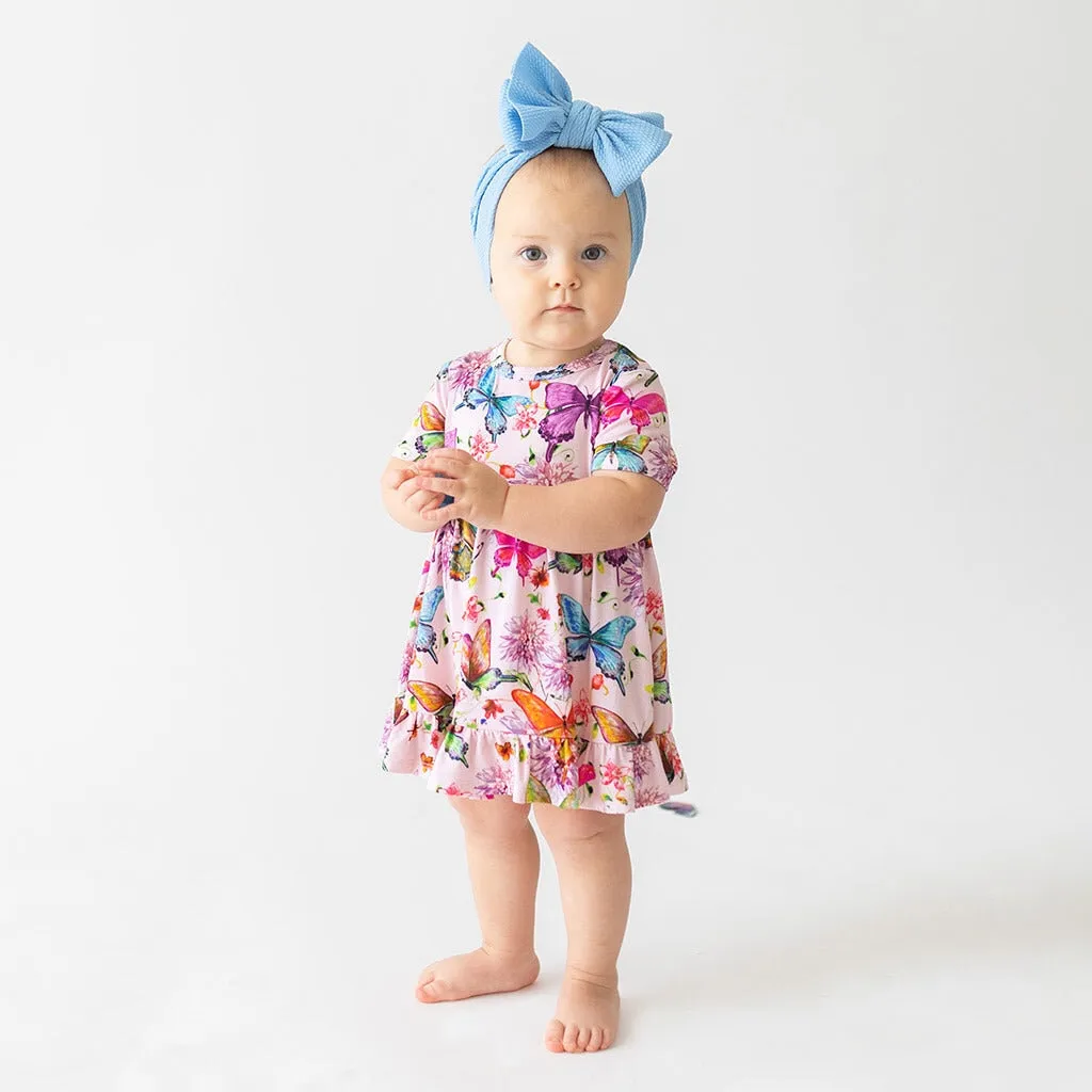 Posh Peanut Watercolor Butterfly Short Sleeve Ruffled Bodysuit Dress