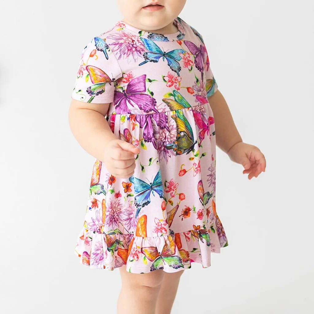 Posh Peanut Watercolor Butterfly Short Sleeve Ruffled Bodysuit Dress