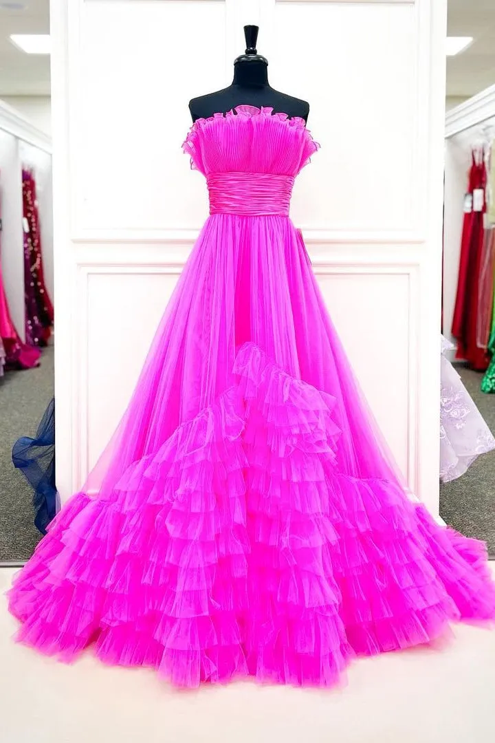 Princess Fuchsia A-line Strapless Tulle Multi-Layers Long Prom Dress