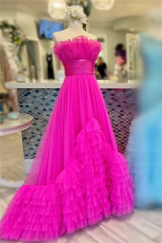 Princess Fuchsia A-line Strapless Tulle Multi-Layers Long Prom Dress