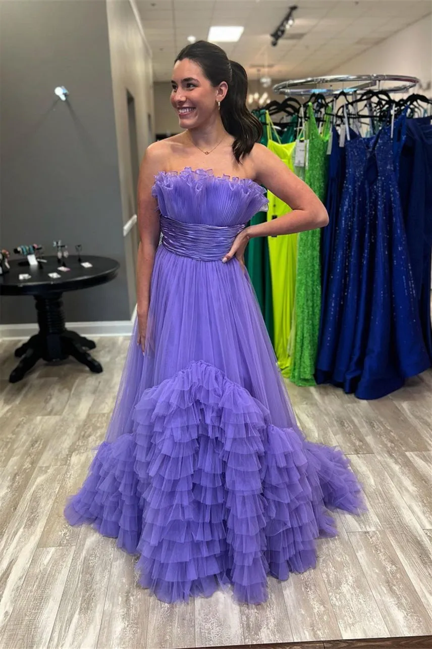 Princess Fuchsia A-line Strapless Tulle Multi-Layers Long Prom Dress