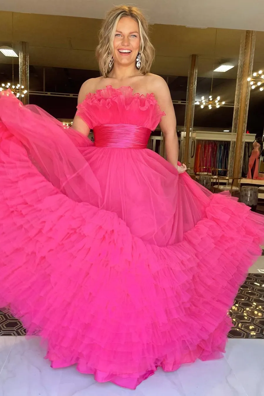 Princess Fuchsia A-line Strapless Tulle Multi-Layers Long Prom Dress