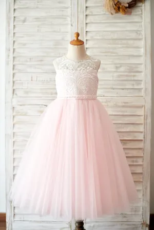Princess Keyhole Back Ivory Lace Pink Tulle Wedding Flower Girl Dress