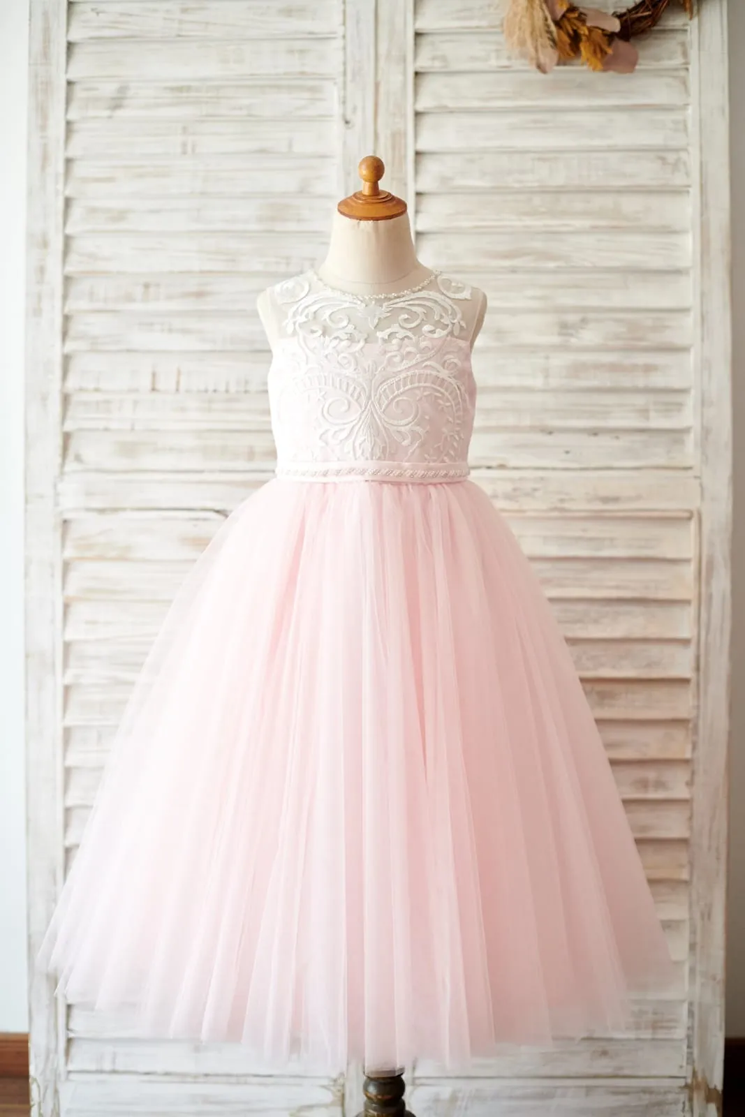 Princess Keyhole Back Ivory Lace Pink Tulle Wedding Flower Girl Dress