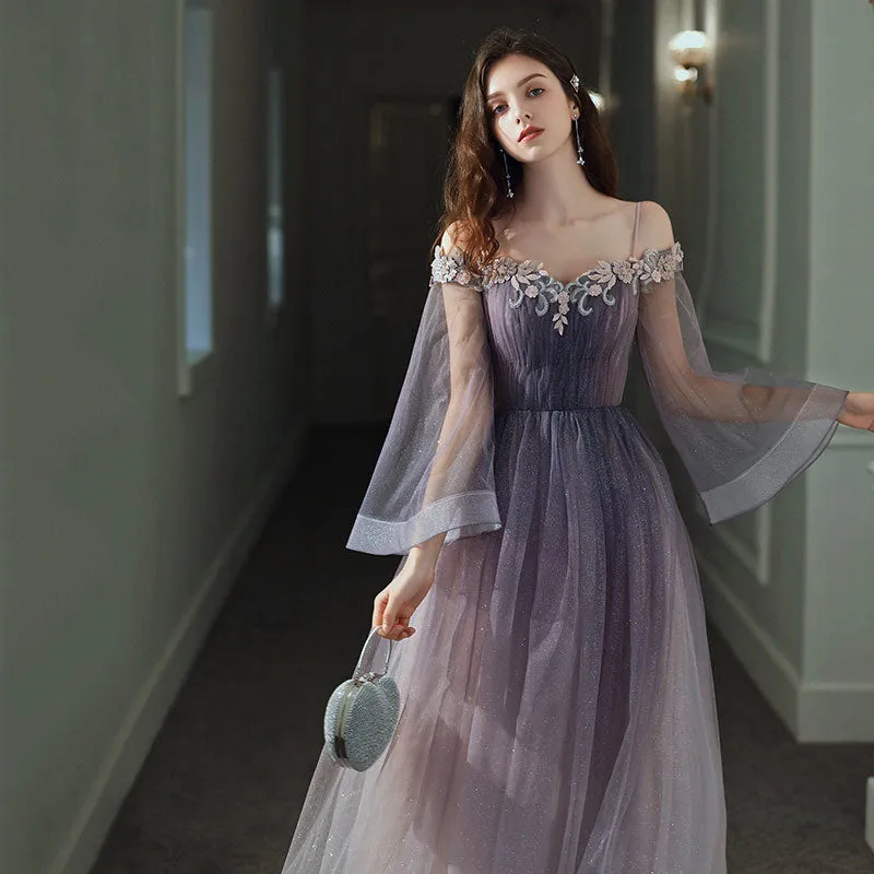 Purple Gradient Tulle Long Sleeves Straps Prom Dress Party Dress, A-line Tulle Formal Dresses
