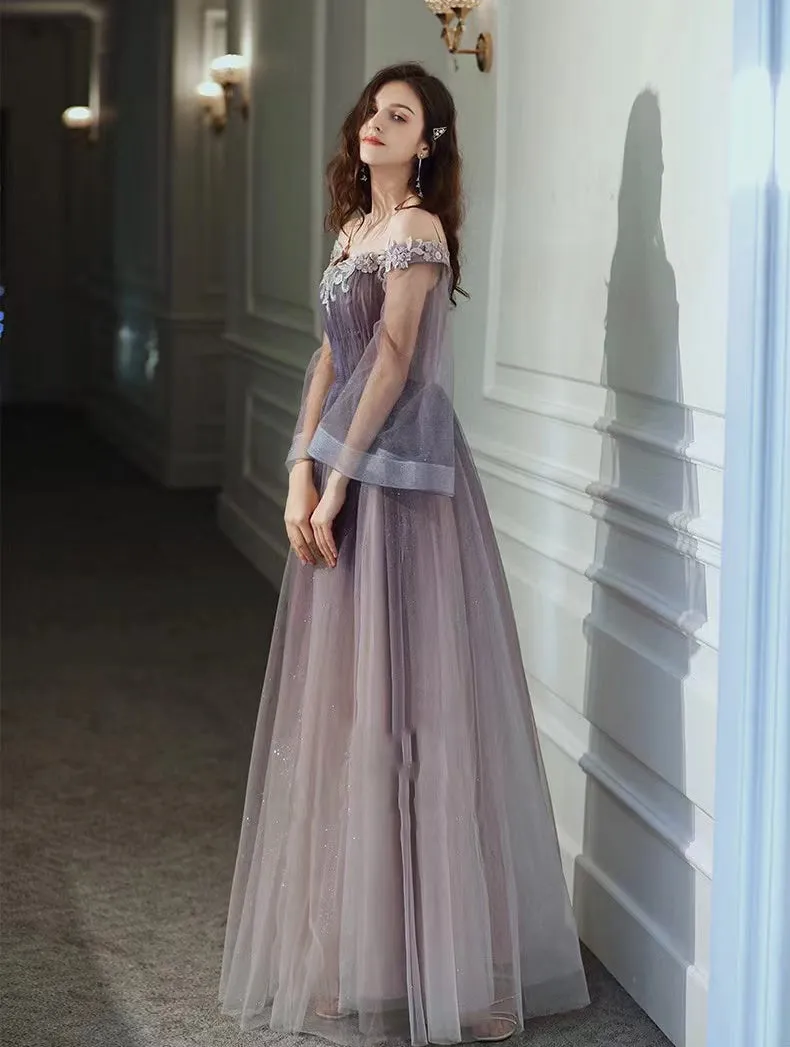 Purple Gradient Tulle Long Sleeves Straps Prom Dress Party Dress, A-line Tulle Formal Dresses