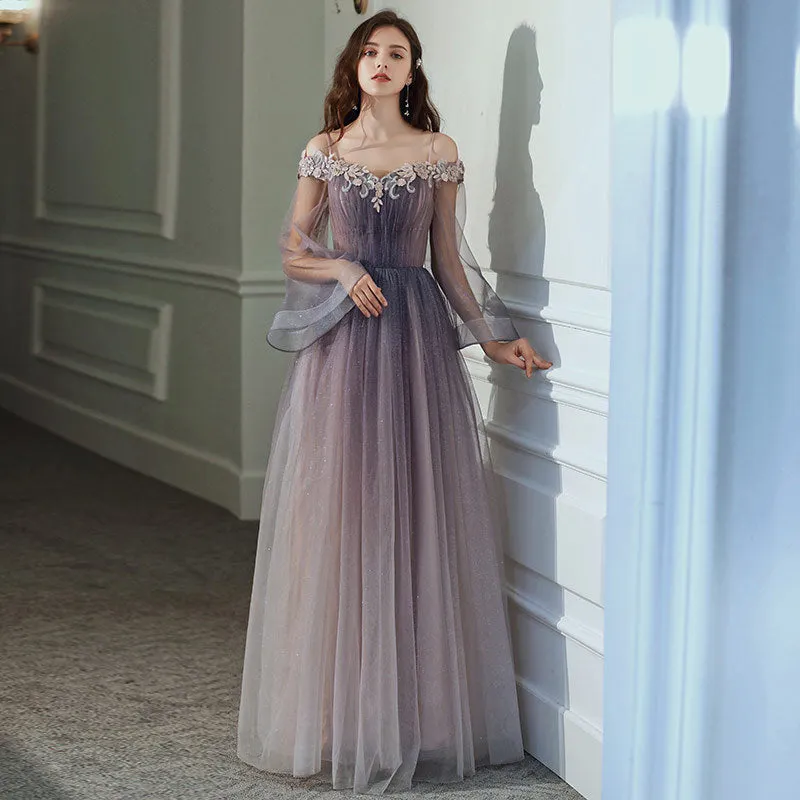 Purple Gradient Tulle Long Sleeves Straps Prom Dress Party Dress, A-line Tulle Formal Dresses